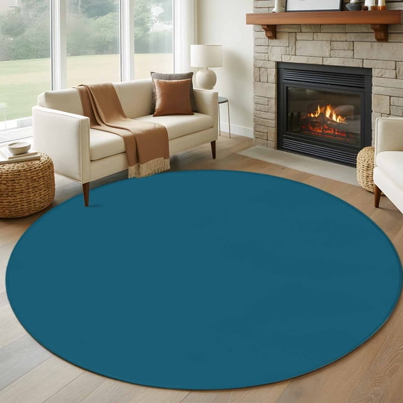 Solid Dark Round Rugs for Living Room 5ft Teal Non Slip Circle Rug Washable Low-Profile Indoor Carpet for Bedroom, Dining Room, Bathroom