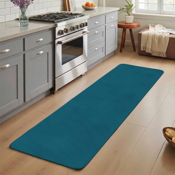 Solid Dark Washable Runner Rug 1.4x4 ft Teal Non-Slip Hallway Runner Rug, Linen Kitchen Runner Mats, Indoor Floor Carpet for Entryway Bathroom Bedroom Living Room