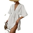 Solid Deep V Neck 3/4 Sleeve White Women Cover Ups (Women's)