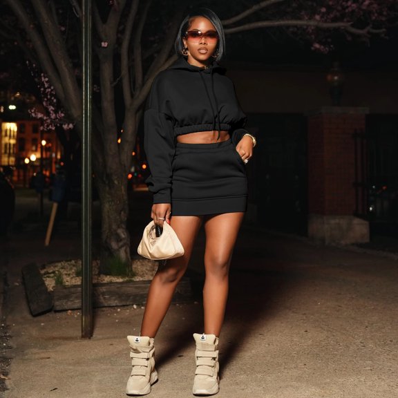 Solid Drawstring Crop Hoodie and Mini Skirt (S, Black)