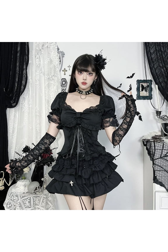 Solid E-girl Lace Patchwork Short Sleeve T-shirt Kawaii Bow Bandage Tops Mall Gothic Techwear Women Slim Alt T-shirts