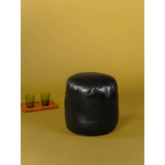 Handmade Eco-Friendly Solid Leather Pouf Black Color Round 14" x 14" x 14" Goat Leather Pouf For Living Room, Bedroom Seating, Patio WABBBACPF12SC02B