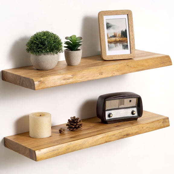 Solid Elm Wood Live Edge Floating Shelves For Wall 24 X 8 Inch Rustic Set Of 2 With Invisible Brackets Living Room Bedroom Kitchen