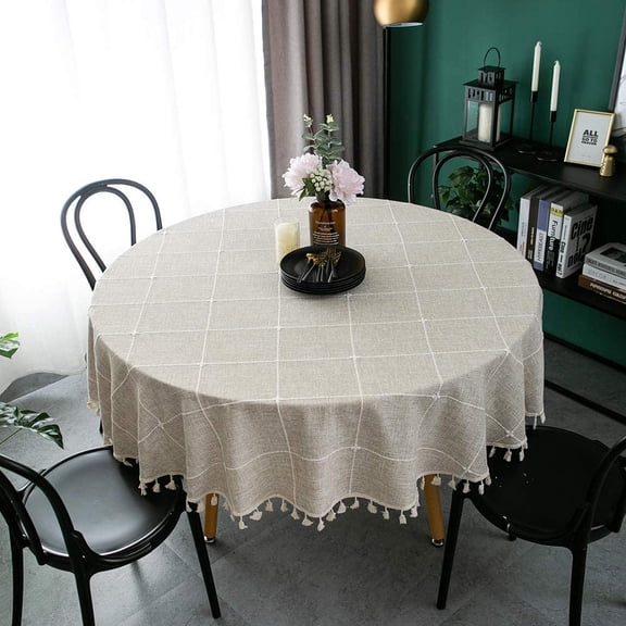 Solid Embroidery Lattice Tablecloth Cotton Linen Dust-Proof Table Cover for Kitchen Dinning 70 Inch Round Table Cloth Linen