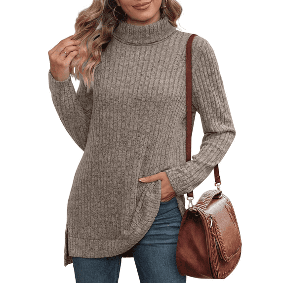 Solid Fall Sweaters For Women Turtleneck Ribbed Knit Tunic Pullover Long Sleeve Side Split High Low Hem Relaxed Fit Tops