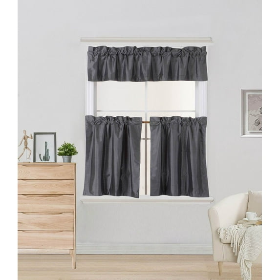 Solid Faux Silk Rod Pocket Blackout Window Curtain Valance Tier Panel 3PC Set K4