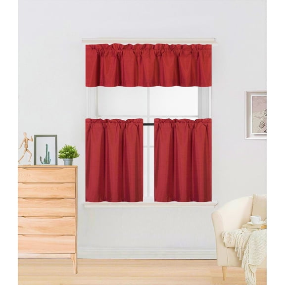 Solid Faux Silk Rod Pocket Blackout Window Curtain Valance Tier Panel 3PC Set K4