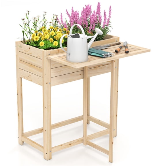Solid Fir Wood Raised Garden Bed, Foldable Side Table DIY Paintable Planter Box for Herbs