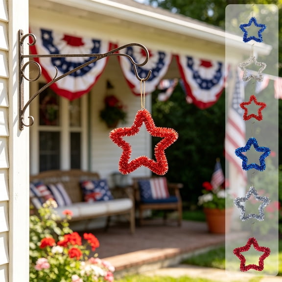Solid Five Pointed Star Hanging Pendant, Retail Store Corridor Ceiling Event Scene Arrangement, Sturdy Lightweight Shatterproof Plastic Material, Vivid Toned Patriotic National Holiday Decoration