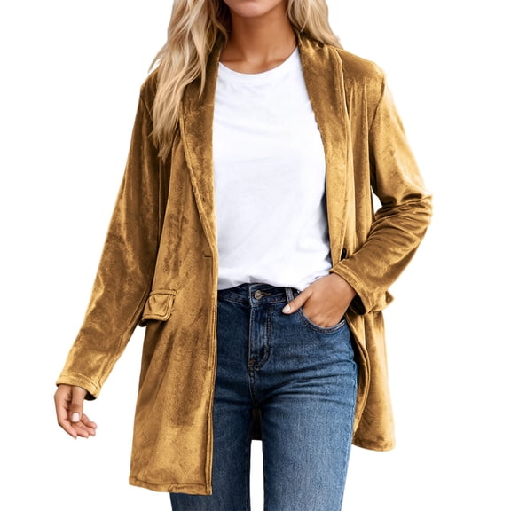 Solid Velvet Blazers Jackets for Women Business Casual Oversized Long Suit Jacket Dressy Cardigan Blazer Work Office Gold L