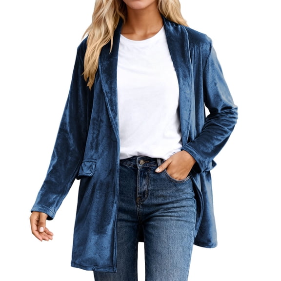 Solid Velvet Blazers Jackets for Women Business Casual Oversized Long Suit Jacket Dressy Cardigan Blazer Work Office Navy S