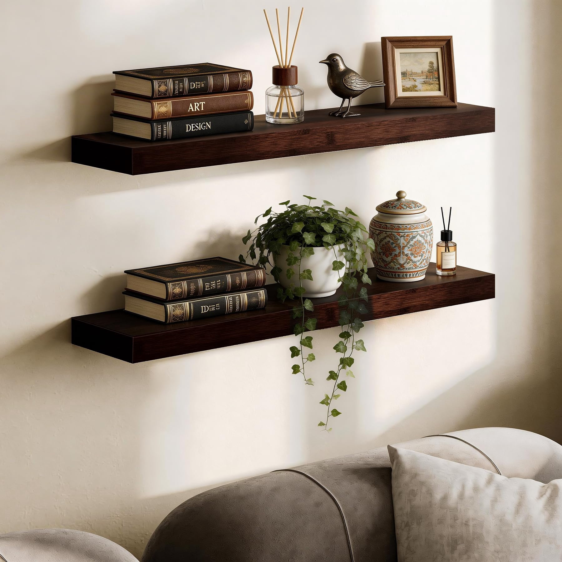 Solid Floating Shelves  Set Of 2 With Invisible Brackets Wood Grain Decor For Living Room Bedroom Kitchen Bathroom & Office Storage