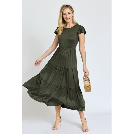 Solid Flutter Sleeve Tiered Tea Length Dress | 4 Colors | S-3X