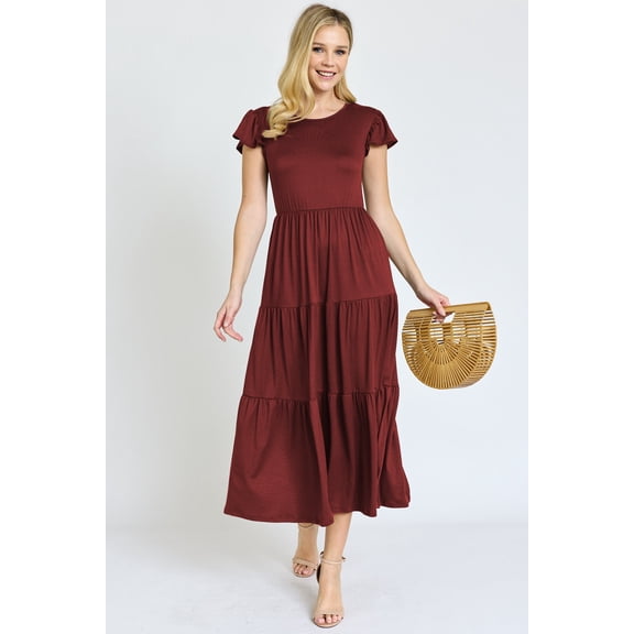 Solid Flutter Sleeve Tiered Tea Length Dress | 4 Colors | S-3X
