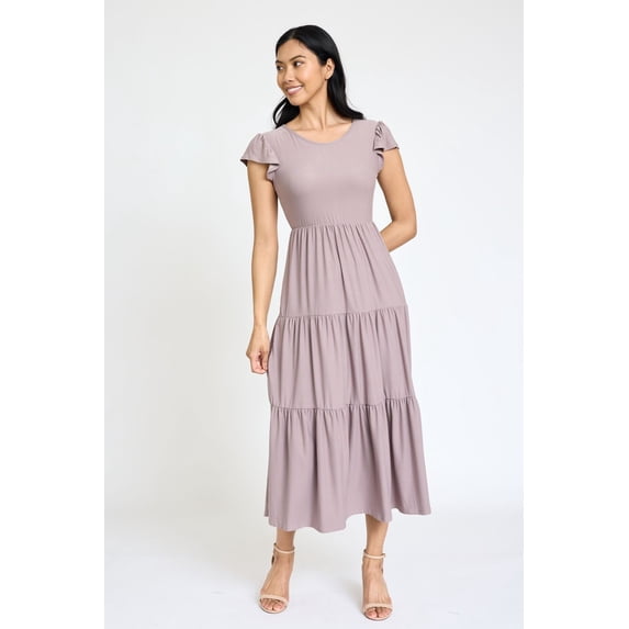 Solid Flutter Sleeve Tiered Tea Length Dress | 4 Colors | S-3X