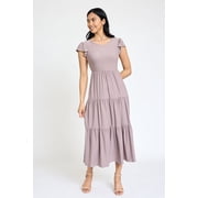 Solid Flutter Sleeve Tiered Tea Length Dress | 4 Colors | S-3X