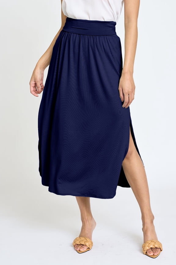 Solid Fold Over Band Side Slit Midi Skirt | 6 Colors | S-3X