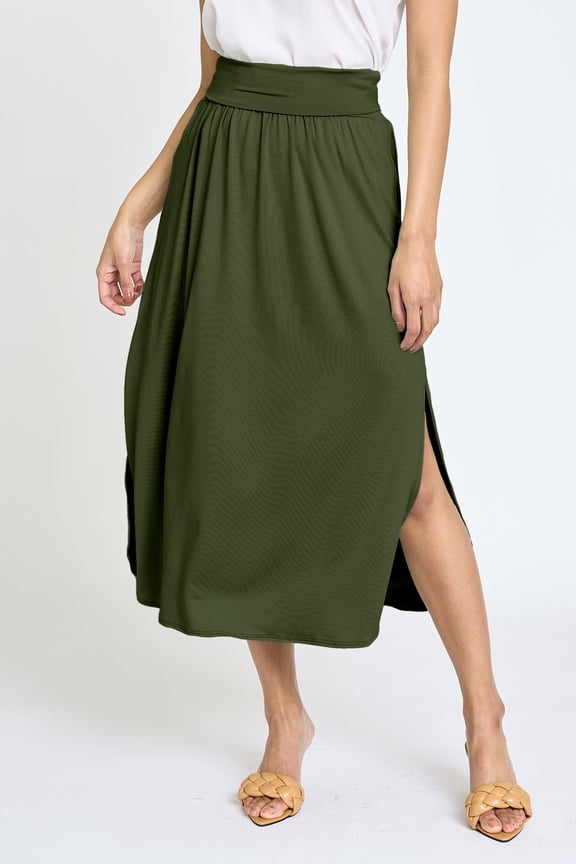 Solid Fold Over Band Side Slit Midi Skirt | 6 Colors | S-3X