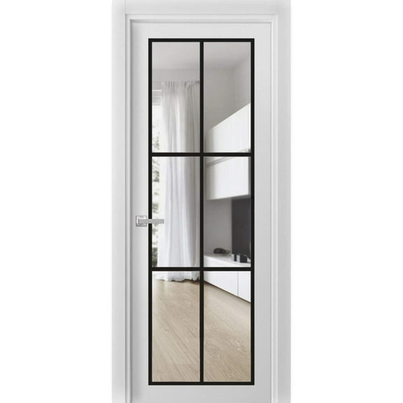 Solid French Door 18 x 80 inches | Lucia 2366 White Silk Clear Glass | Single Regular Panel Frame Trims Handle | Bathroom Bedroom Sturdy Doors