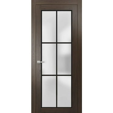 Solid French Door 18 x 80 inches | Planum 2122 Chocolate Ash Frosted Glass | Single Regular Panel Frame Trims Handle | Bathroom Bedroom Sturdy Doors
