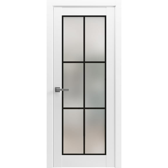 Solid French Door 18 x 80 inches | Planum 2122 White Silk Frosted Glass | Single Regular Panel Frame Trims Handle | Bathroom Bedroom Sturdy Doors