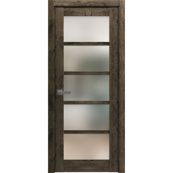 Solid French Door 18 x 96 inches | Quadro 4002 Cognac Oak with Frosted Glass | Single Regular Panel Frame Trims Handle | Bathroom Bedroom Sturdy Doors