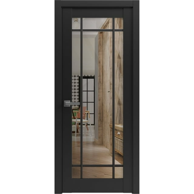 Solid French Door 24 x 80 inches | Lucia 2266 Matte Black Clear Glass | Single Regular Panel Frame Trims Handle | Bathroom Bedroom Sturdy Doors