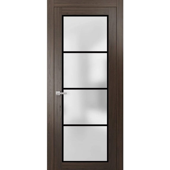 Solid French Door 24 x 80 inches | Planum 2132 Chocolate Ash Frosted Glass | Single Regular Panel Frame Trims Handle | Bathroom Bedroom Sturdy Doors