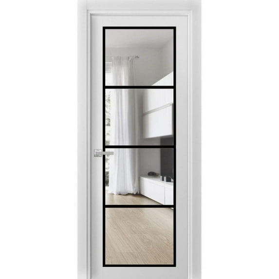 Solid French Door 24 x 84 inches | Lucia 2466 White Silk Clear Glass | Single Regular Panel Frame Trims Handle | Bathroom Bedroom Sturdy Doors