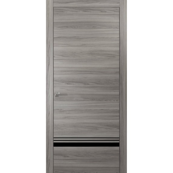 Solid French Door 24 x 96 inches | Planum 0012 Grey Matte with Frosted Glass | Single Regular Panel Frame Trims Handle | Bathroom Bedroom Sturdy Doors