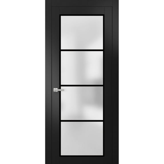 Solid French Door 28 x 80 inches | Planum 2132 Matte Black Frosted Glass | Single Regular Panel Frame Trims Handle | Bathroom Bedroom Sturdy Doors