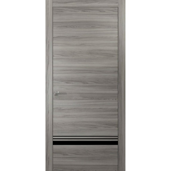 Solid French Door 28 x 84 inches | Planum 0012 Grey Matte with Frosted Glass | Single Regular Panel Frame Trims Handle | Bathroom Bedroom Sturdy Doors