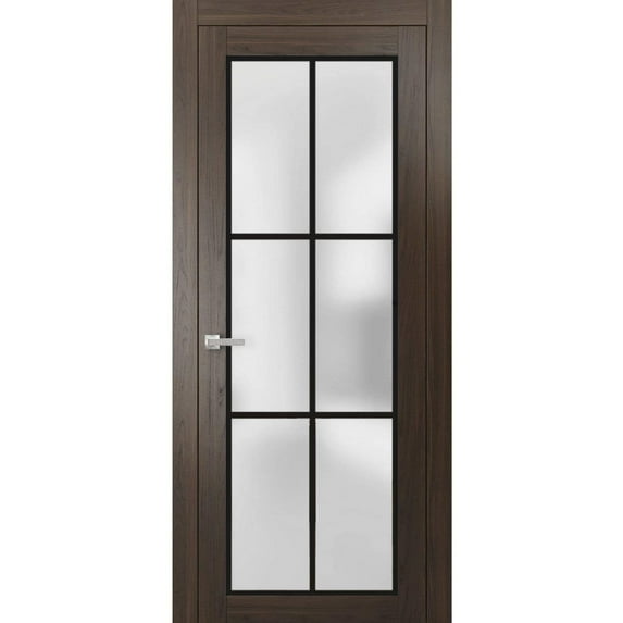 Solid French Door 28 x 84 inches | Planum 2122 Chocolate Ash Frosted Glass | Single Regular Panel Frame Trims Handle | Bathroom Bedroom Sturdy Doors