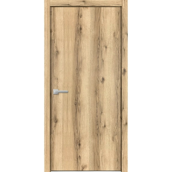 Solid French Door 30 x 80 inches | Planum 0010 Oak | Single Regular Panel Frame Trims Handle | Bathroom Bedroom Sturdy Doors