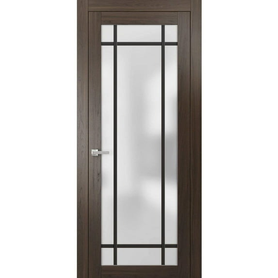 Solid French Door 30 x 80 inches | Planum 2112 Chocolate Ash Frosted Glass | Single Regular Panel Frame Trims Handle | Bathroom Bedroom Sturdy Doors