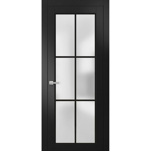 Solid French Door 30 x 80 inches | Planum 2122 Matte Black Frosted Glass | Single Regular Panel Frame Trims Handle | Bathroom Bedroom Sturdy Doors