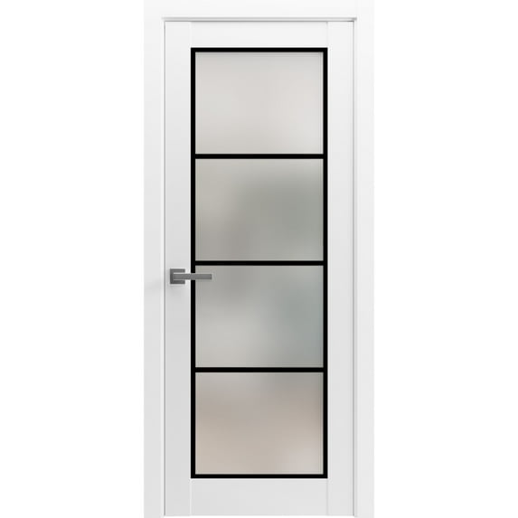 Solid French Door 30 x 96 inches | Planum 2132 White Silk Frosted Glass | Single Regular Panel Frame Trims Handle | Bathroom Bedroom Sturdy Doors