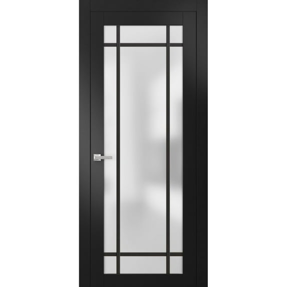 Solid French Pre-Hung Door 32 x 96 inches | Planum 2112 Matte Black Frosted Glass | Single Regular Panel Frame Trims Handle | Bathroom Bedroom Sturdy Doors