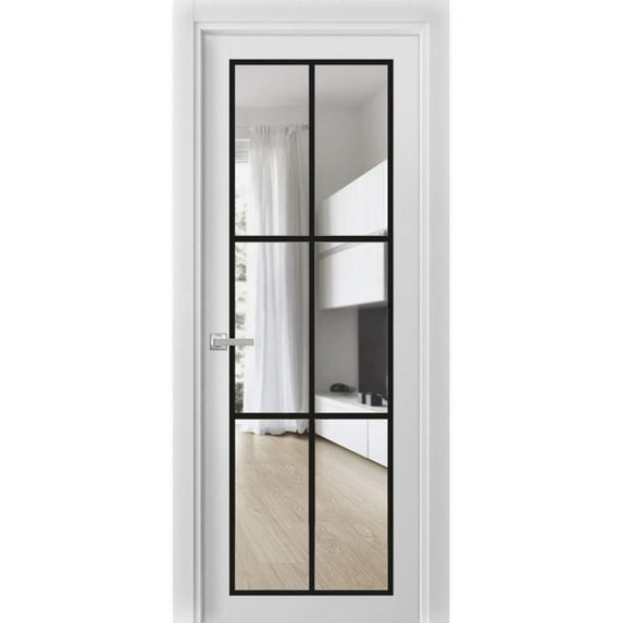 Solid French Door 36 x 84 inches | Lucia 2366 White Silk Clear Glass | Single Regular Panel Frame Trims Handle | Bathroom Bedroom Sturdy Doors