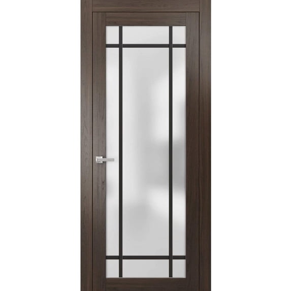 Solid French Pre-Hung Door 36 x 96 inches | Planum 2112 Chocolate Ash Frosted Glass | Single Regular Panel Frame Trims Handle | Bathroom Bedroom Sturdy Doors