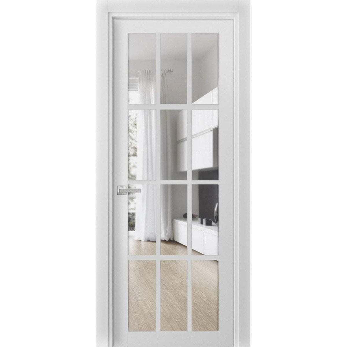 Solid French Door Clear Glass 12 lites | Felicia 3355 White Silk | Single Regular Panel Frame Trims Handle | Bathroom Bedroom Sturdy Doors -42" x 80"