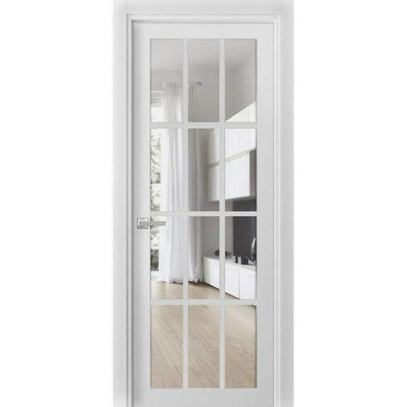 Solid French Door Clear Glass 12 lites | Felicia 3355 White Silk | Single Regular Panel Frame Trims Handle | Bathroom Bedroom Sturdy Doors -42" x 80"