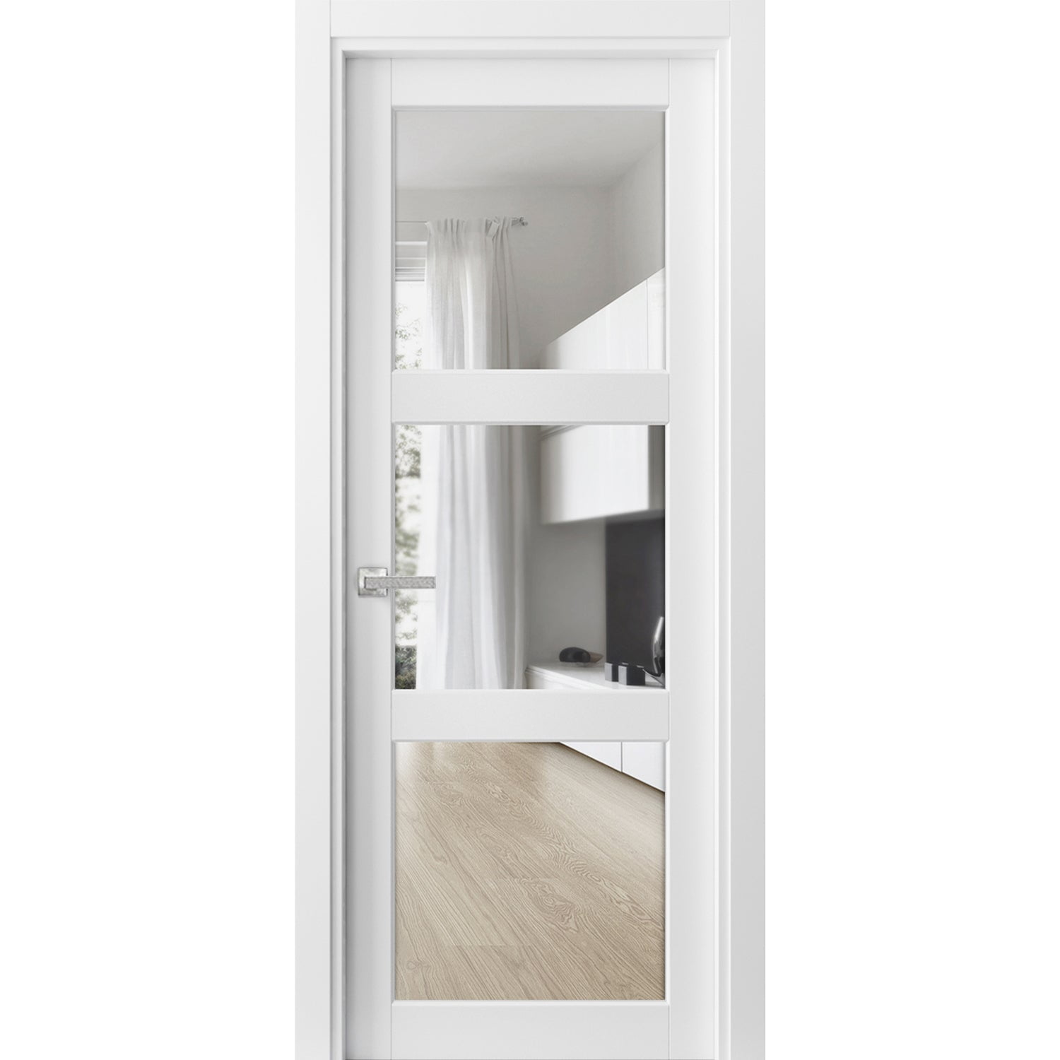 Solid French Door Clear Glass 3 Lites 42 x 80 inches | Lucia 2555 Matte White | Single Regular Panel Frame Trims Handle | Bathroom Bedroom Sturdy Doors