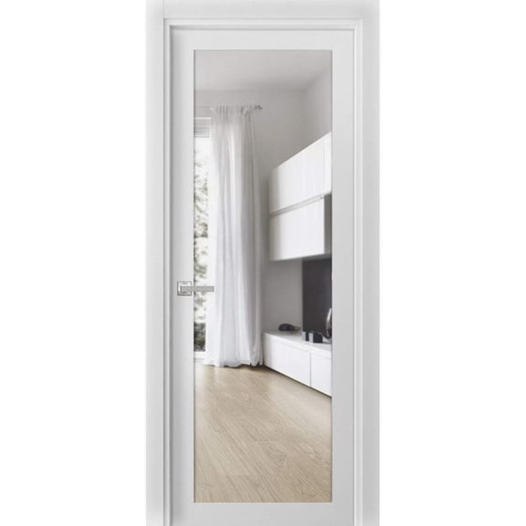 Solid French Door Clear Glass | Lucia 2166 White Silk | Single Regular Panel Frame Trims Handle | Bathroom Bedroom Sturdy Doors -36" x 84"