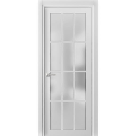 Solid French Door Frosted Glass 12 Lites | Felicia 3312 White Silk | Single Regural Panel Frame Trims Handle | Bathroom Bedroom Sturdy Doors -36" x 84"