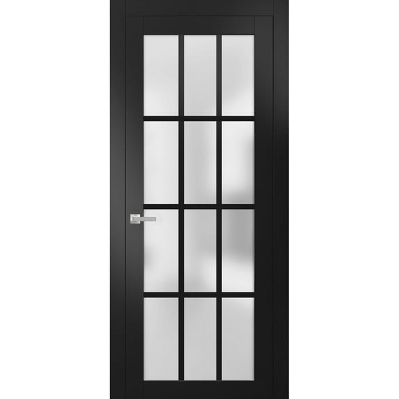 Solid French Door Frosted Glass 12 Lites | Felicia 3312 Matte Black | Single Regural Panel Frame Trims Handle | Bathroom Bedroom Sturdy Doors -24" x 84"