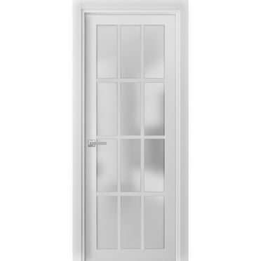 Solid French Door Frosted Glass 12 Lites | Felicia 3312 White Silk | Single Regural Panel Frame Trims Handle | Bathroom Bedroom Sturdy Doors -36" x 84"