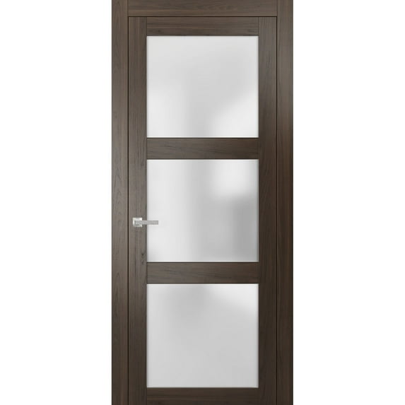 Solid French Door Frosted Glass 28 x 80 inches | Lucia 2552 Chocolate Ash | Single Regular Panel Frame Trims Handle | Bathroom Bedroom Sturdy Doors