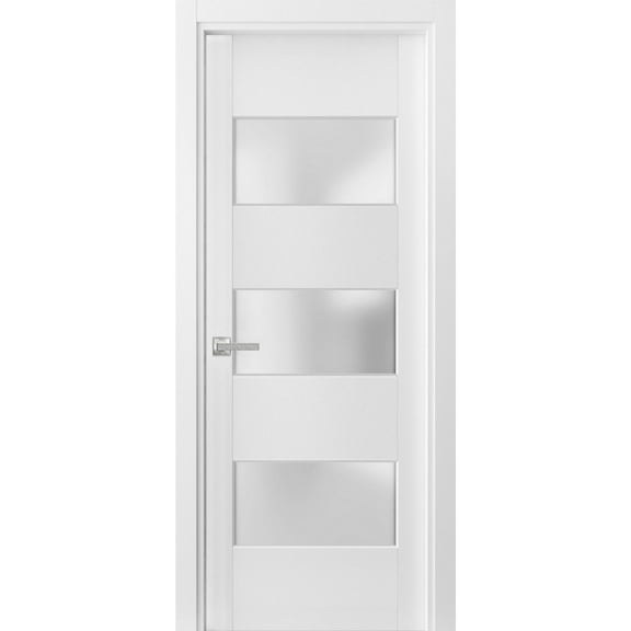 Solid French Door Frosted Glass 3 Lites | Lucia 4070 White Silk | Single Regular Panel Frame Trims Handle | Bathroom Bedroom Sturdy Doors -18" x 96"