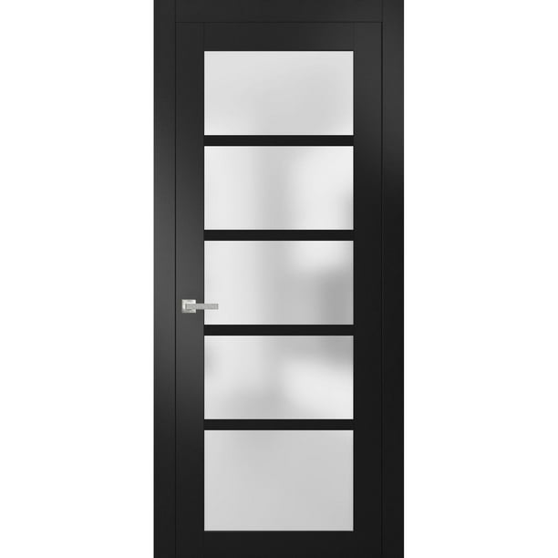 Solid French Door Frosted Glass 30 x 96 inches | Quadro 4002 Matte Black | Single Regular Panel Frame Trims Handle | Bathroom Bedroom Sturdy Doors